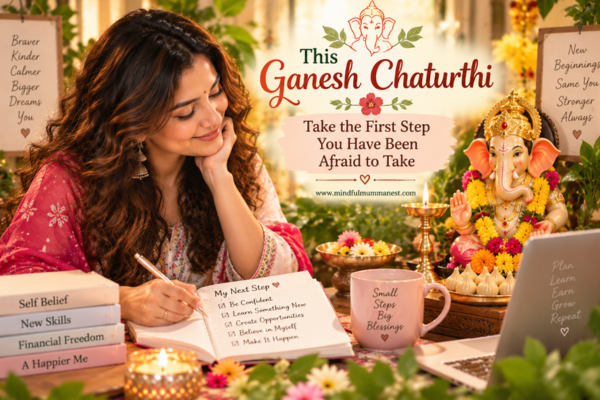 Ganesh Chaturthi woman with wavy colored hair praying beside Lord Ganesha while planning a brave new beginning