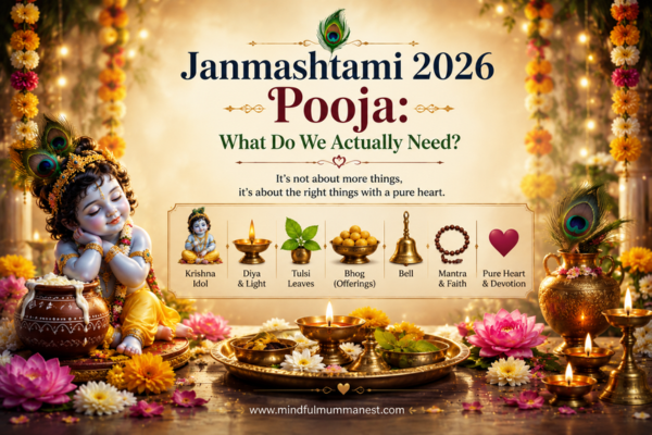 Janmashtami 2026 pooja setup with baby Krishna, diya, Tulsi leaves, bhog offerings, bell, prayer beads, flowers and peacock feathers.