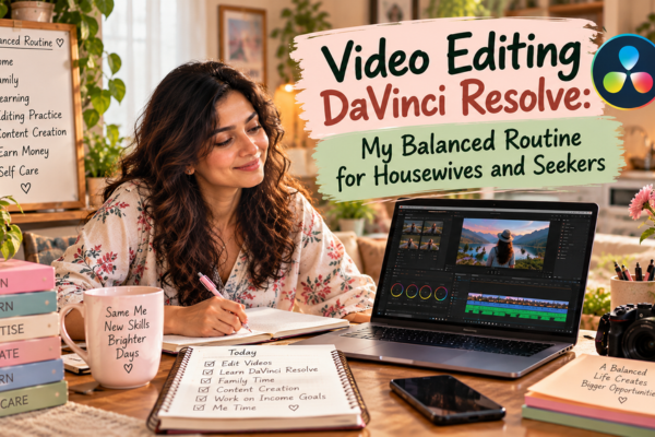 Video editing DaVinci Resolve balanced routine showing a woman learning editing while managing home responsibilities, creativity and personal time.

