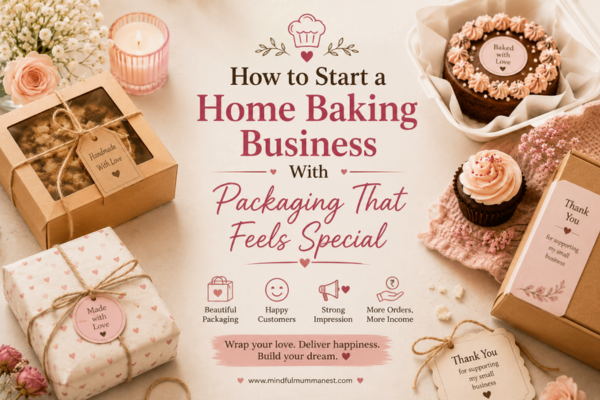 Beautiful home bakery packaging with cakes, cookies, thank-you notes and handmade boxes
