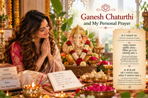 Ganesh Chaturthi personal prayer with a young woman in saree praying beside Lord Ganesha, diyas, flowers and sacred mantras