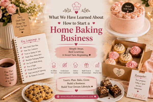 Home baking business lessons with cakes, cupcakes, brownies, cookies and a business planning notebook
