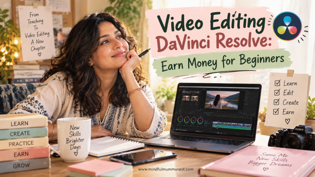 Video editing DaVinci Resolve beginner guide featuring a smart woman transitioning from teaching to video editing and learning to earn money online.