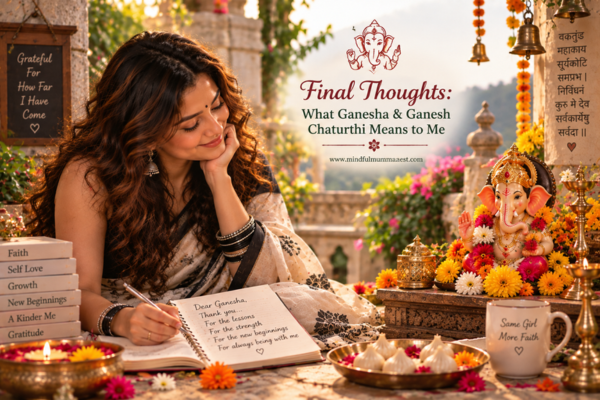 Ganesh Chaturthi final thoughts with young woman in black and cream saree praying beside Lord Ganesha in a flower-filled temple courtyard