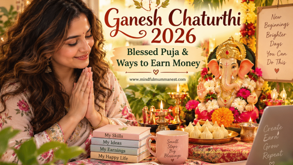Ganesh Chaturthi 2026 Puja with woman praying to Lord Ganesha, festive bhog, diya and mindful ways to earn money