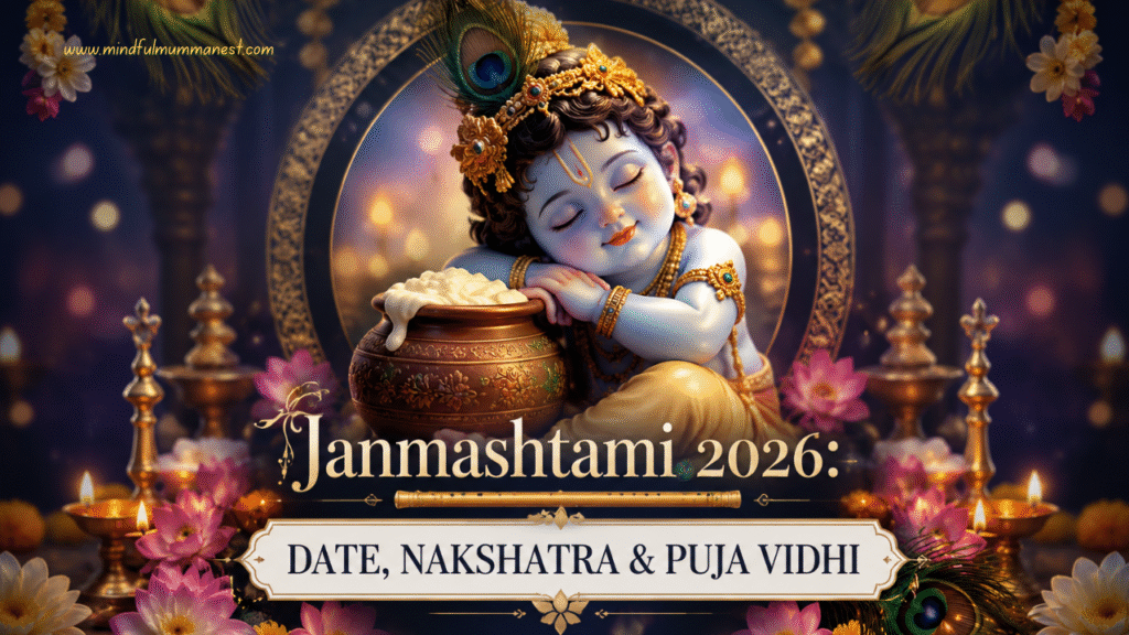Janmashtami 2026 celebration with baby Krishna, butter pot, peacock feathers, diyas and floral decorations, featuring the date, Nakshatra and Puja Vidhi