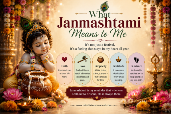 Baby Krishna with a butter pot, peacock feathers, diyas and flowers, representing what Janmashtami means through faith, love, simplicity, gratitude and guidance.