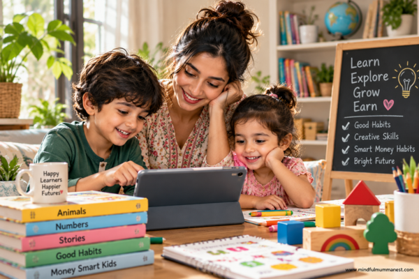 Mother and children learning together at home using educational activities to build skills and smart money habits.