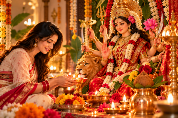 Navratri 2026 Durga Puja with a woman offering diya to Maa Durga
