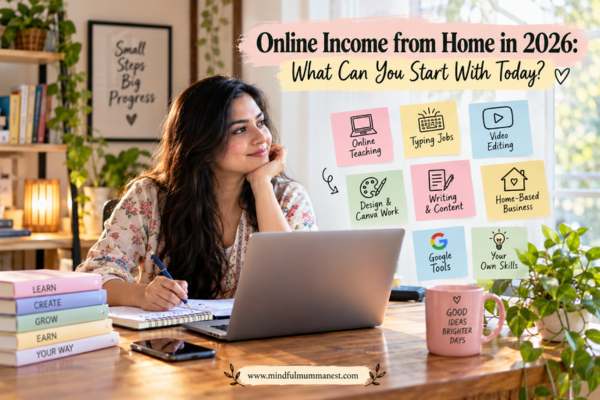 Woman planning online income from home in 2026, exploring typing jobs, online teaching, video editing and digital skills.
