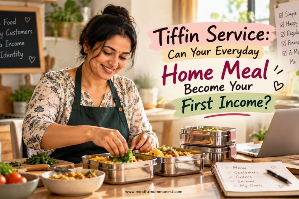 Woman preparing home-cooked tiffin meals as a first income opportunity from home
