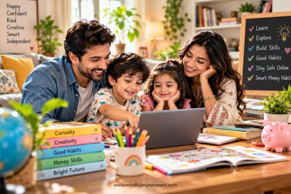 Mother and children learning together at home using educational activities to build skills and smart money habits.
