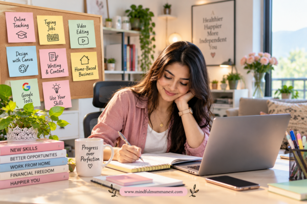 Woman working on a laptop in a cozy home office, exploring online income from home through digital skills and flexible work opportunities.
