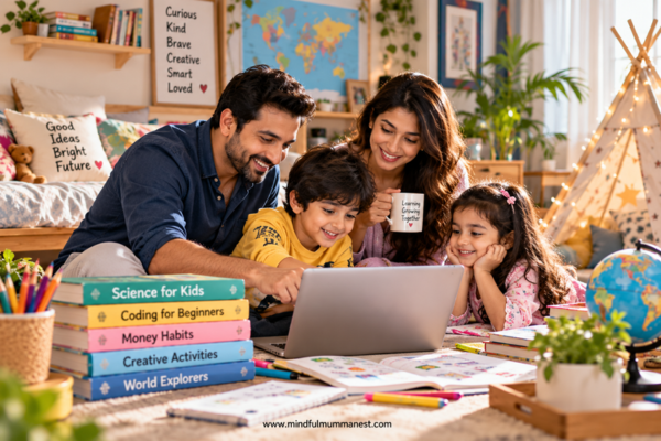 Parents and children learning together at home using a laptop to develop creative skills, good habits, and smart money awareness.