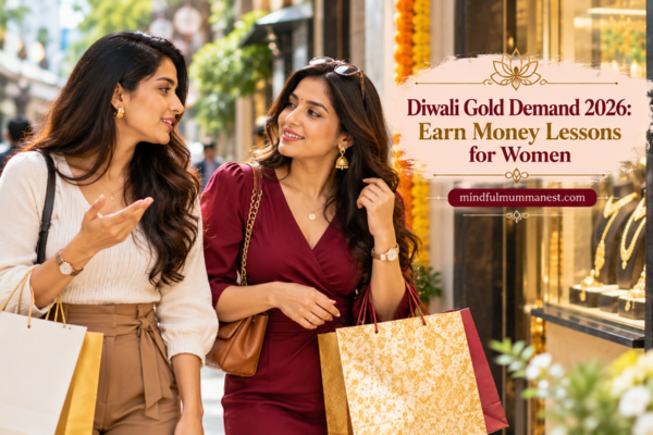 Two stylish Indian women chatting near a jewellery shop during Diwali shopping
