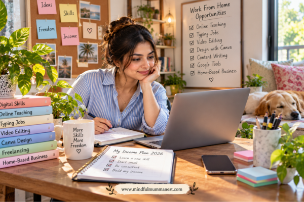 Woman working on a laptop in a cozy home office, exploring online income from home through digital skills and flexible work opportunities.
