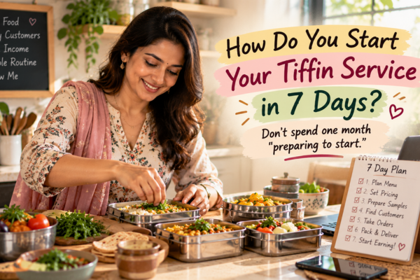 Woman preparing tiffin meals while following a 7-day plan to start a home tiffin service

