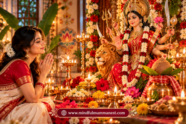 Bengali Durga Puja 2026 with Maa Durga idol and woman praying
