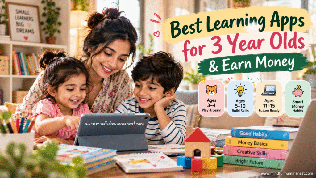 Best learning apps for 3 year olds with parents and children exploring educational activities, digital learning, and smart money habits.