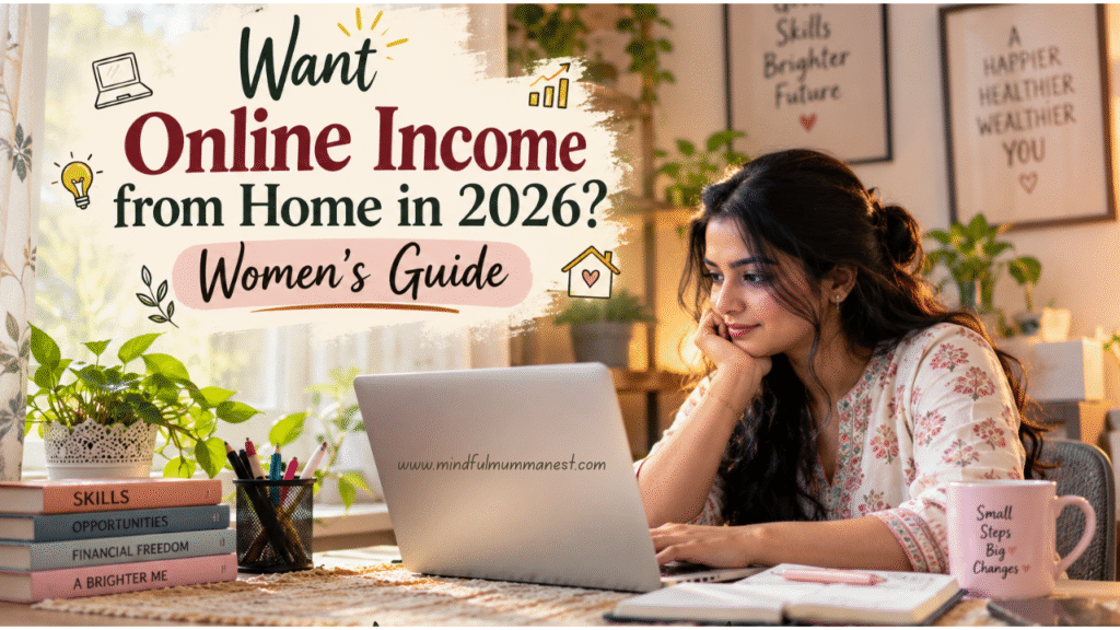 Woman working on a laptop, exploring online income from home opportunities for women in 2026.